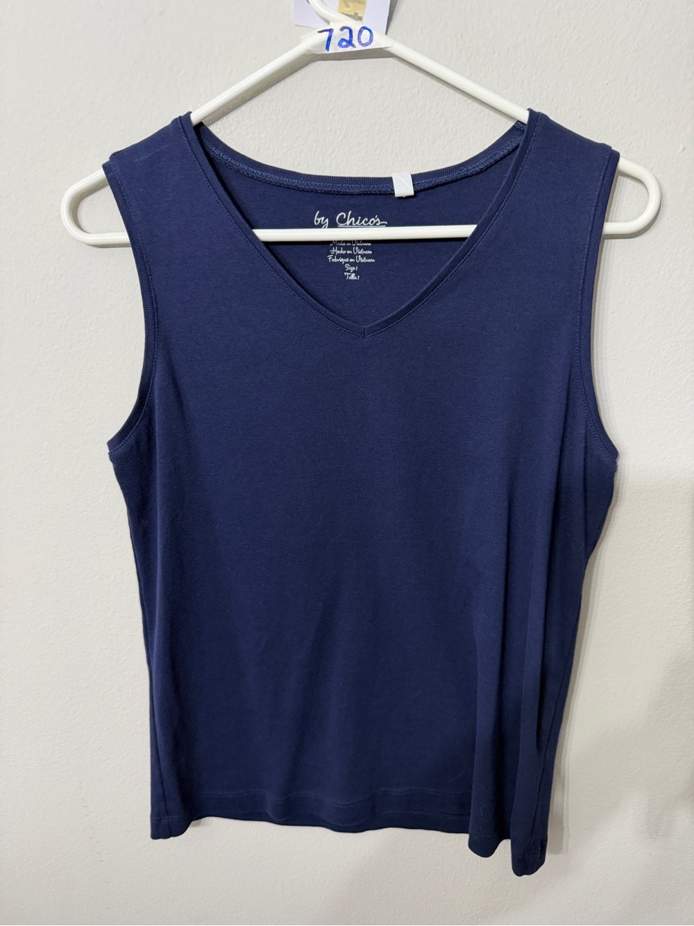 Women’s Chico’s Navy Blue Cotton V Neck Tank Top Size 1 Medium 8-10